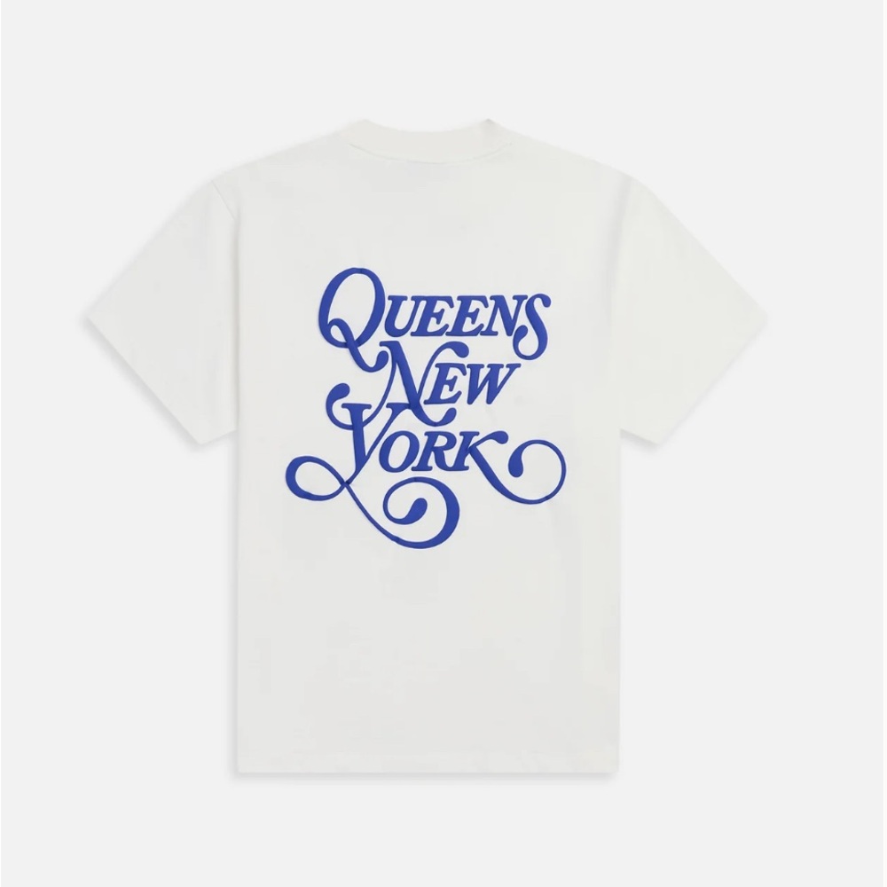 Queens New York White Tee with Blue Graphic